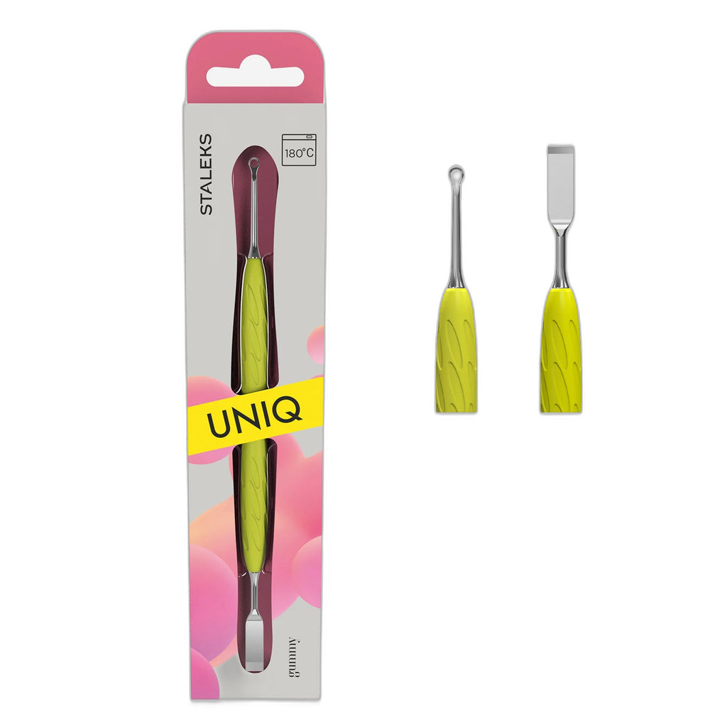 Manicure pusher Gummy with yellow silicone handle UNIQ 11 TYPE 1 (straight flat and loop pusher)