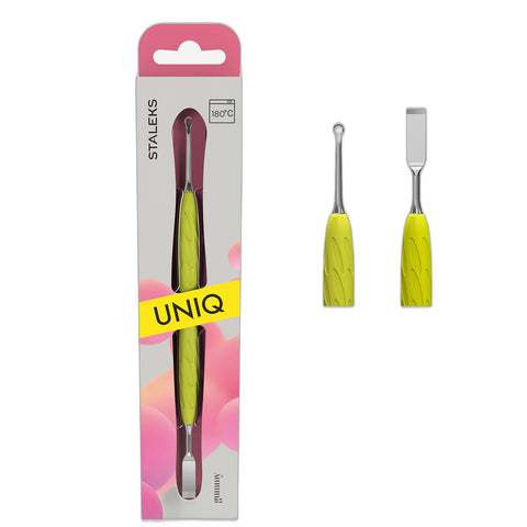 Manicure pusher Gummy with yellow silicone handle UNIQ 11 TYPE 1 (straight flat and loop pusher)