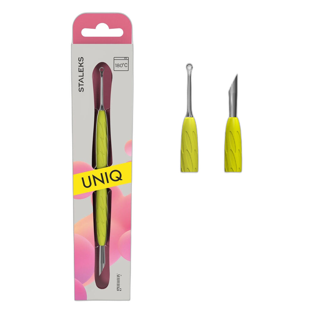 Manicure pusher Gummy with yellow silicone handle UNIQ 11 TYPE 2 (beveled and loop pusher)